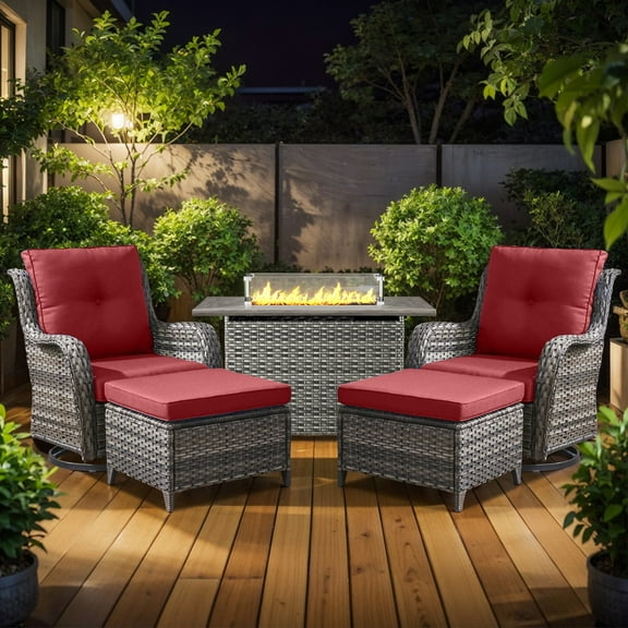 Gymojoy 5-Piece High Back Outdoor Wicker Conversation Set with Swivel Chairs, Ottoman & 50,000 BTU Fire Pit Table - Patio Furniture Set for Deck, Porch, Poolside