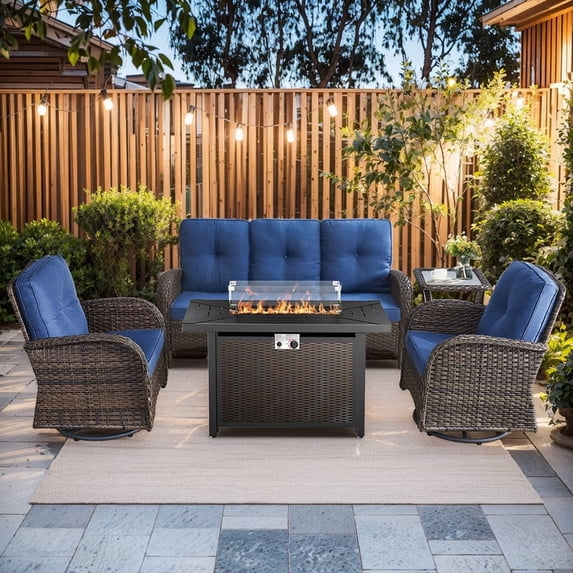 Gymojoy 5 Piece Outdoor Patio Conversation Set, Patio Furniture Set with Fire Pit Table Rattan Wicker Patio Furniture Set, Brown Wicker & Blue Cushion
