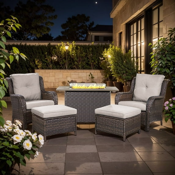 Gymojoy 5-Piece Outdoor Patio Furniture Set with Fire Pit Table - 2 Lounge Chairs, 2 Ottomans & 41" Rattan Fire Pit Table for Backyard, Garden, Poolside (Brown/Beige)