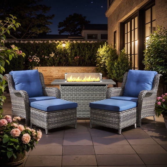 Gymojoy 5-Piece Outdoor Patio Furniture Set with Fire Pit Table - 2 Lounge Chairs, 2 Ottomans & 41" Rattan Fire Pit Table for Backyard, Garden, Poolside (Gray/Navy)