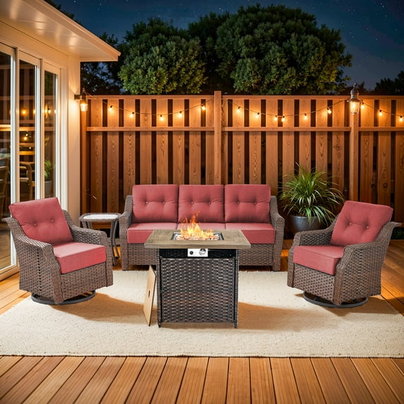 Gymojoy 5 Piece Outdoor Patio Furniture Set with Fire Pit Table,Rattan Sofa Swivel Glider Conversation Seating Group with 6 inch Thick Cushions