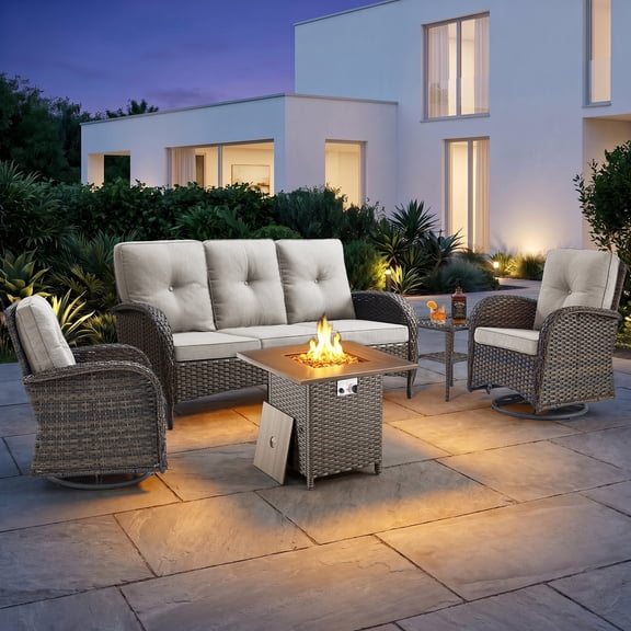 Gymojoy 5 Piece Outdoor Patio Furniture Set with Fire Pit Table,Rattan Sofa Swivel Glider Conversation Seating Group with 6 inch Thick Cushions