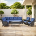 thumbnail image 1 of Gymojoy 5-Piece Outdoor Wicker Sofa Set Patio Furniture L-Shape Rattan Sectional with Swivel Chair & Coffee Table UV-Resistant for Backyard Balcony,Brown/Blue, 1 of 8