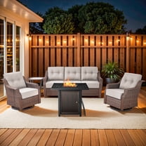 Gymojoy 5-Piece Patio Furniture Set with Fire Pit Table, Outdoor Patio Furniture Set with Wicker Patio Couch Outdoor Rocking Chair and 30" Propane Firepit Table Rectangular, 6 inch Cushions