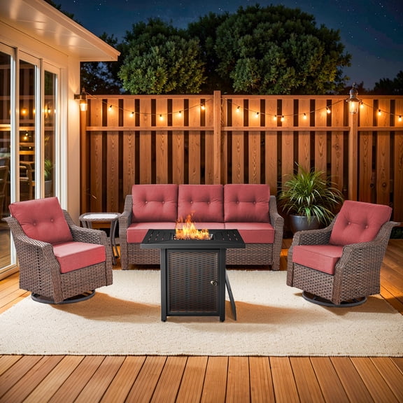 Gymojoy 5-Piece Patio Furniture Set with Fire Pit Table, Outdoor Patio Furniture Set with Wicker Patio Couch Outdoor Rocking Chair and 30" Propane Firepit Table Rectangular, 6 inch Cushions