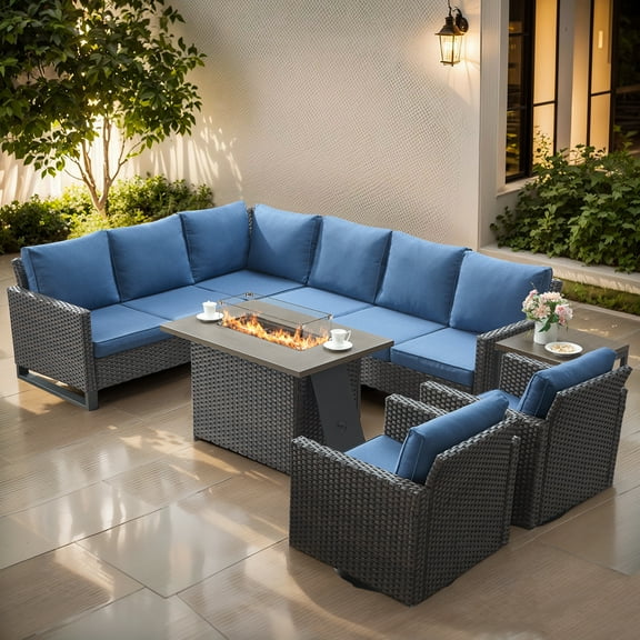 Gymojoy 5-Piece Patio Furniture Set with Fire Pit Table, All Weather Outdoor Sectional PE Rattan, Patio Swivel Chair Sets with Cushions for Garden Lawn Balcony Porch Deck