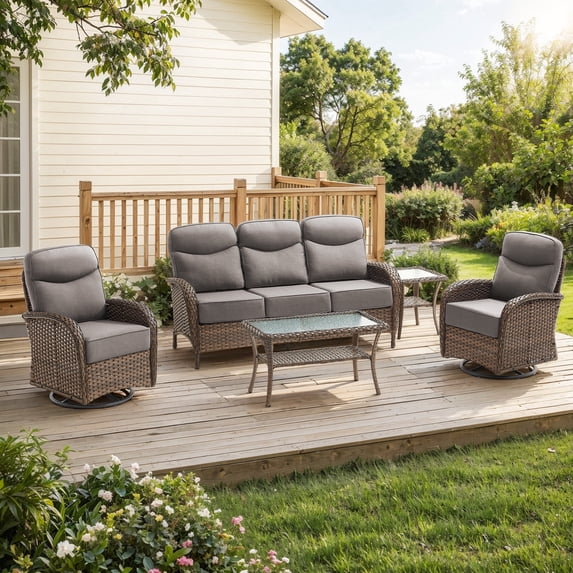 Gymojoy 5 Piece Patio Furniture Set High Back Outdoor Conversation Set with Sofa, Swivel Rocker Chairs, Side Table, Center Table and 6-inch Cushions