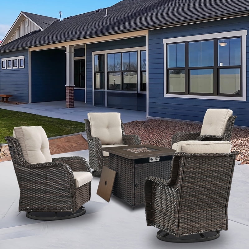 Gymojoy 5-Piece Patio Furniture Set with Rectangular Fire Pit Table, Swivel Rocking Chairs, Outdoor High Back Wicker Rattan Conversation Set with 4-inch Beige Cushions