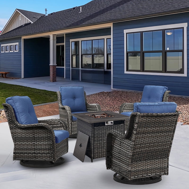 Gymojoy 5-Piece Patio Furniture Set with Rectangular Fire Pit Table, Swivel Rocking Chairs, Outdoor High Back Wicker Rattan Conversation Set with 4-inch Blue Cushions