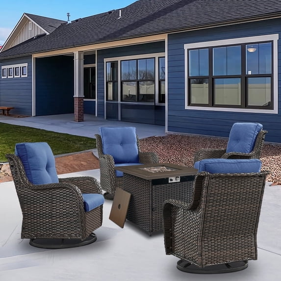 Gymojoy 5-Piece Patio Furniture Set with Rectangular Fire Pit Table, Swivel Rocking Chairs, Outdoor High Back Wicker Rattan Conversation Set with 4-inch Blue Cushions