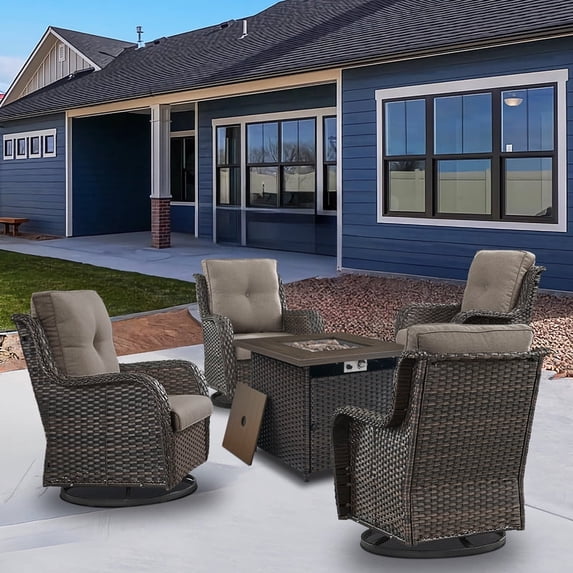 Gymojoy 5-Piece Patio Furniture Set with Rectangular Fire Pit Table, Swivel Rocking Chairs, Outdoor High Back Wicker Rattan Conversation Set with 4-inch Gray Cushions
