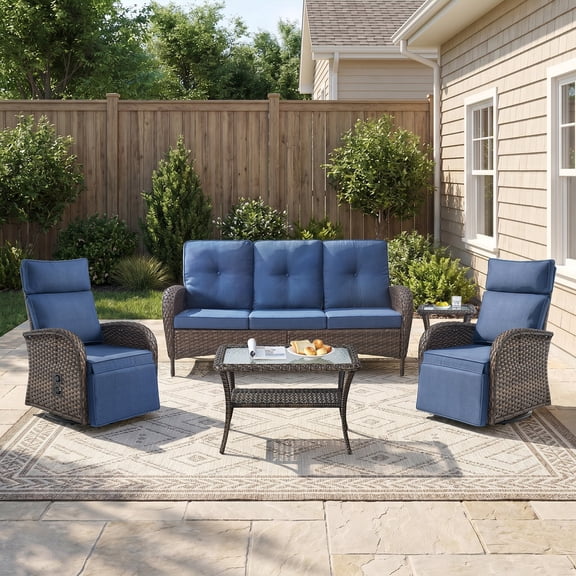 Gymojoy 5-Piece Patio Furniture Set with Swivel Recliner Chairs, Sofa and Coffee Table, Outdoor Wicker Patio Conversation Set with Adjustable Backrest & Footrest