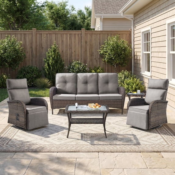 Gymojoy 5-Piece Patio Furniture Set with Swivel Recliner Chairs, Sofa and Coffee Table, Outdoor Wicker Patio Conversation Set with Adjustable Backrest & Footrest