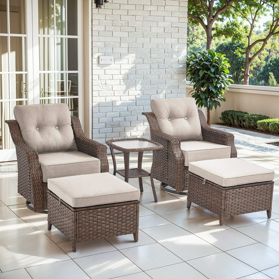 Gymojoy 5 Piece Rattan Wicker Patio Bistro Set,Outdoor Conversation Set with 2 Ottomans and Square Coffee Side Table,Patio Furniture for Yard and Garden,Beige