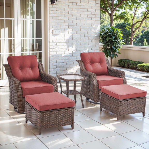 Gymojoy 5 Piece Rattan Wicker Patio Bistro Set,Outdoor Conversation Set with 2 Ottomans and Square Coffee Side Table,Patio Furniture for Yard and Garden,Red