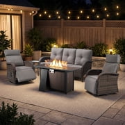Gymojoy 5-Piece Wicker Patio Furniture Set with 43" Propane Fire Pit Table, Outdoor Swivel Recliner Chairs with Adjustable Backrest &amp; Footrest deal from Walmart