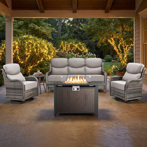 Gymojoy 5-Piece Wicker Patio Furniture Set with Fire Pit Table, Swivel Rocker Chairs, Sofa, Side Table and 6" Thick Cushions