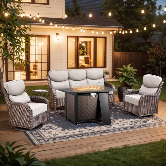 Gymojoy 5-Piece Wicker Patio Furniture Set with Fire Pit Table, Swivel Rocker Chairs, Sofa, Side Table and 6" Thick Cushions