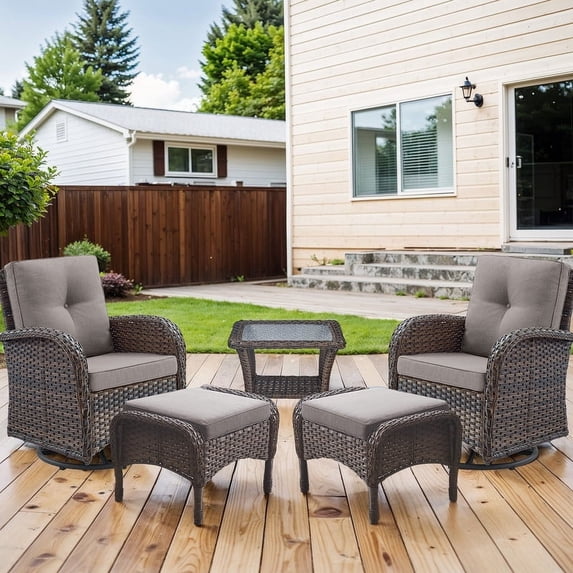 Gymojoy 5 Pieces Outdoor Chat Chair Set PE Rattan Patio Conversation Set of 2, Swivel Chair with Cushion and Side Table, Brown/Gray