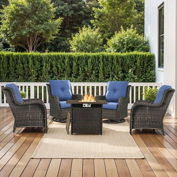 Gymojoy 5 Pieces Outdoor Patio Furniture Set with Fire Pit Table,Outside FirePit Conversation Set with PE Wicker Swivel Rocking Chairs and Coffee Table,Navy
