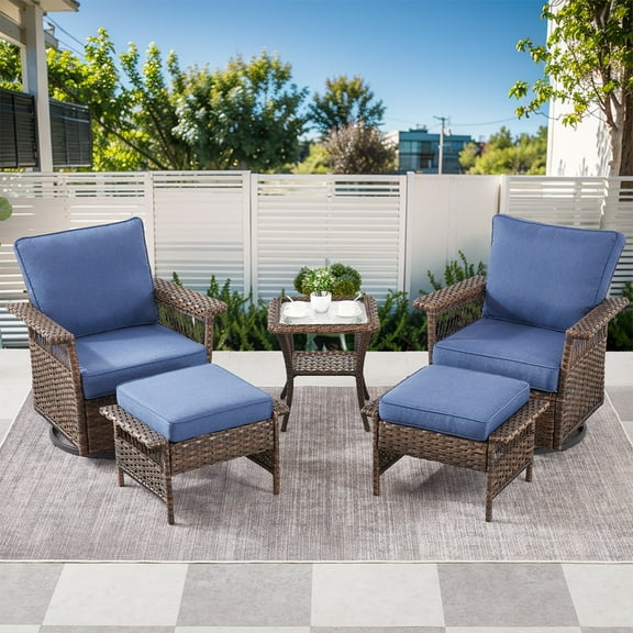 Gymojoy 5 Pieces Outdoor Sectional Sofa Set with 3-Seat Sofa,2 Swivel Rocking Chairs and 2 Ottoman Seat Foot Rest,Rattan Wicker Conversation Furniture Sets