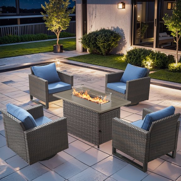Gymojoy 5 Pieces Outdoor Swivel Rocker Chairs Patio Furniture Set with Gas Fire Pit Table, Wicker Patio Conversation Fire Pit Table Set for Garden, Deck, Porch, Backyard,Navy