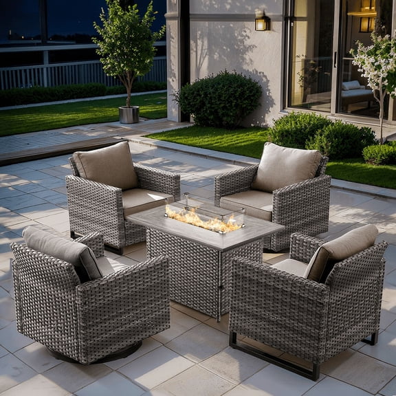 Gymojoy 5 Pieces Outdoor Swivel Rocker Chairs Patio Furniture Set with Gas Fire Pit Table, Wicker Patio Conversation Fire Pit Table Set for Garden, Deck, Porch, Backyard, Gray