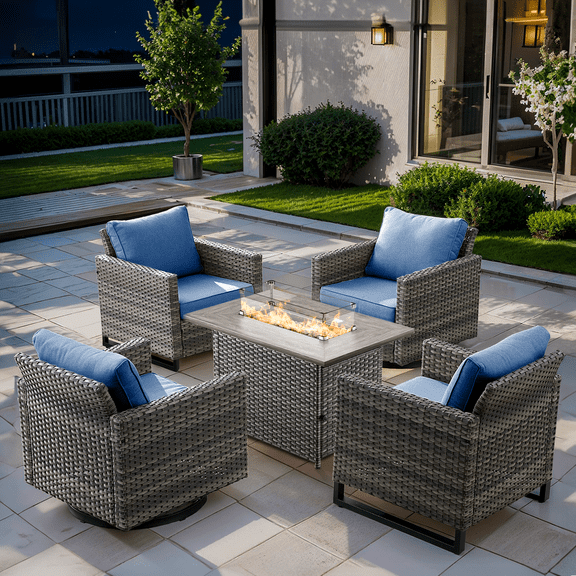 Gymojoy 5 Pieces Outdoor Swivel Rocker Chairs Patio Furniture Set with Gas Fire Pit Table, Wicker Patio Conversation Fire Pit Table Set for Garden, Deck, Porch, Backyard,Navy