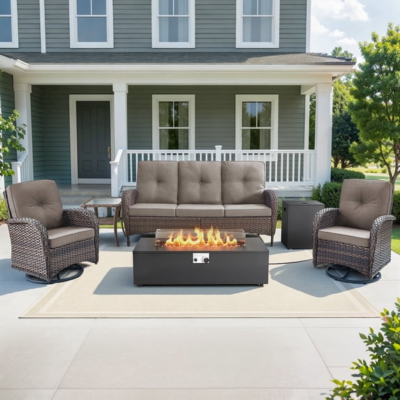 Gymojoy 5 Pieces Patio Furniture Set with 43inch Propane Fire Pit Table, Deep Seating Sofa, 2 Swivel Rocker Glider Chairs and Side Table, Outdoor Conversation Set