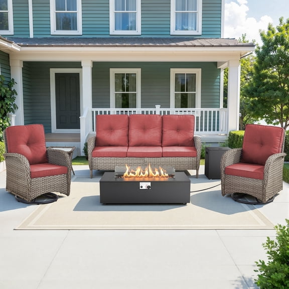 Gymojoy 5 Pieces Patio Furniture Set with 43inch Propane Fire Pit Table, Deep Seating Sofa, 2 Swivel Rocker Glider Chairs and Side Table, Outdoor Conversation Set