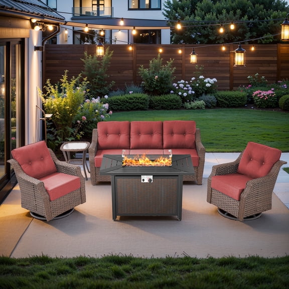 Gymojoy 5 Pieces Patio Furniture Set with Fire Pit Table,Rattan Outdoor Deep Seating Conversation Set with Swivel Glider Patio Chair and Sofa for Porch Backyard Balcony