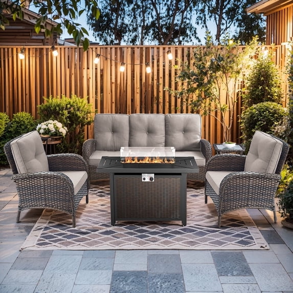 Gymojoy 5 Pieces Patio Furniture Set with Chairs, Rattan Wicker Lounge Chairs with 43" Propane Gas Fire Pit Table Conversation Set, Beige
