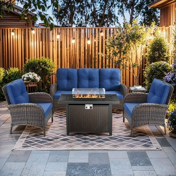 Gymojoy 5 Pieces Patio Furniture Set with Chairs, Rattan Wicker Lounge Chairs with 43" Propane Gas Fire Pit Table Conversation Set, Blue
