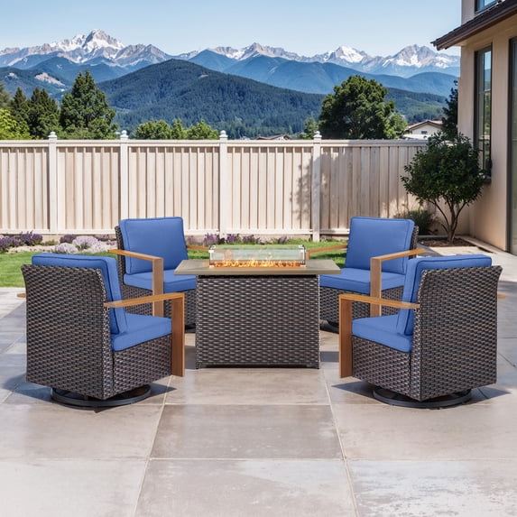 Gymojoy 5 Pieces Patio Furniture Sets with 41 inch Fire Pit Table, Wicker Outdoor Conversation Sets with 4 Swivel Rocker Chairs and Cushion for Balcony Deck