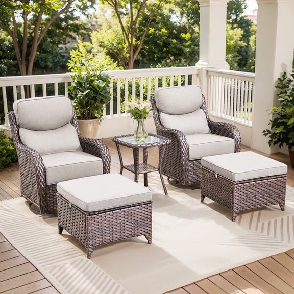 Gymojoy 5-Pieces Patio Highback swival chairs with ottoman All Weather Deep Seat Outdoor Conversation Rocking Chairs Set for Backyard,Balcony