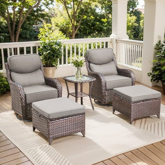 Gymojoy 5-Pieces Patio Highback swival chairs with ottoman All Weather Deep Seat Outdoor Conversation Rocking Chairs Set for Backyard,Balcony