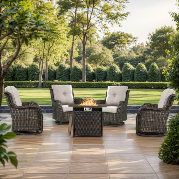 Gymojoy 5 Pieces Patio Wicker Furniture Set, Outdoor Swivel Rocker Glider Chairs Set of 4 with Propane Fire Pit Table, Warm Patio Conversation Set with High Back and Thick Cushions
