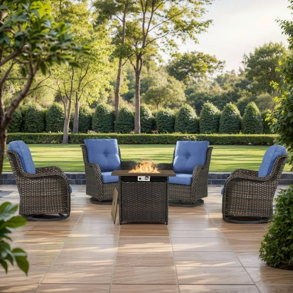Gymojoy 5 Pieces Patio Wicker Furniture Set, Outdoor Swivel Rocker Glider Chairs Set of 4 with Propane Fire Pit Table, Warm Patio Conversation Set with High Back and Thick Cushions
