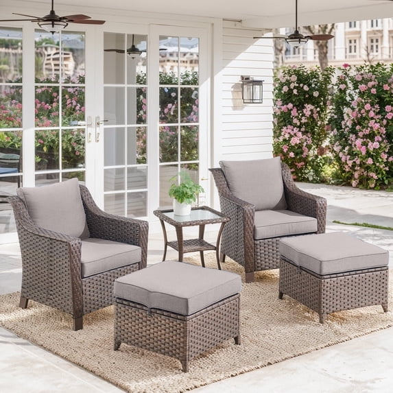 Gymojoy 5 Pieces Wicker Outdoor Patio Furniture Set, Patio Conversation Set with 2 Lounge Chairs, Side table and 2 Ottomans,Gray