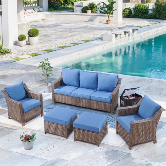Gymojoy 5 Pieces Wicker Outdoor Patio Furniture Set, Patio Conversation Set with 2 Lounge Chairs, Sofa and 2 Ottomans,Navy