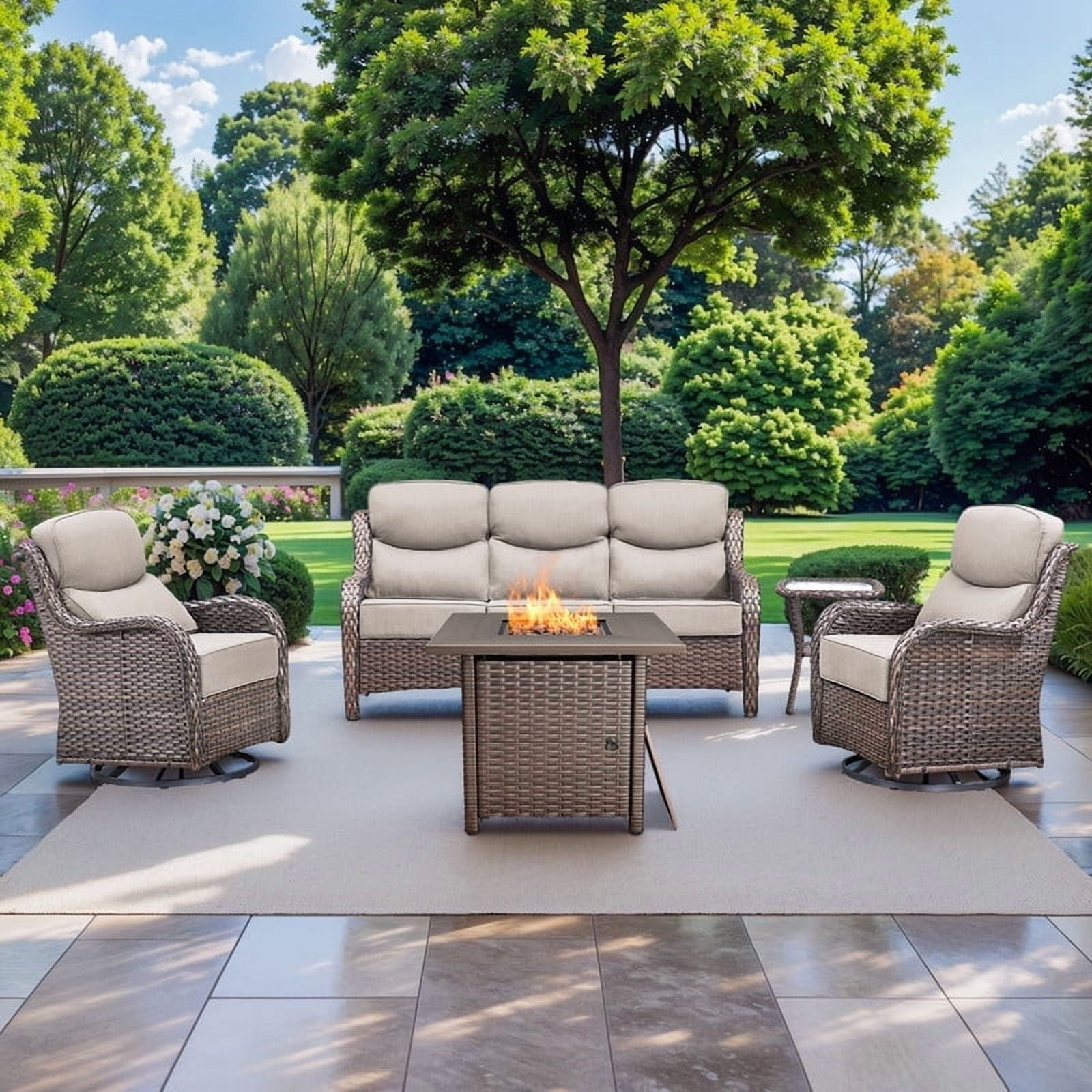 Gymojoy 5PCS Patio Furniture Set with Fire Pit Table, Outdoor Conversation All-Weather Rattan Swivel Chairs with 6in. Thick Cushions