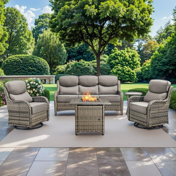 Gymojoy 5PCS Patio Furniture Set with Fire Pit Table, Outdoor Conversation All-Weather Rattan Swivel Chairs with 6in. Thick Cushions