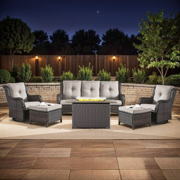 Gymojoy 6-Piece High Back Outdoor Wicker Conversation Set with Swivel Chairs,Sofa,ottoman & 50,000 BTU Fire Pit Table - Patio Furniture Set for Deck, Porch, Poolside