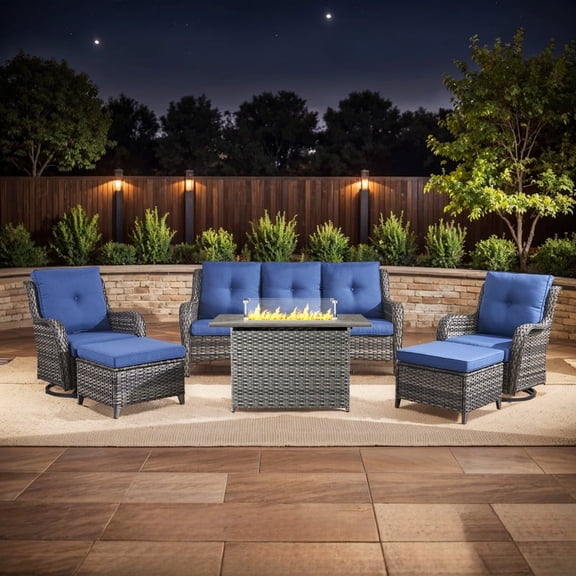 Gymojoy 6-Piece High Back Outdoor Wicker Conversation Set with Swivel Chairs,Sofa,ottoman & 50,000 BTU Fire Pit Table - Patio Furniture Set for Deck, Porch, Poolside