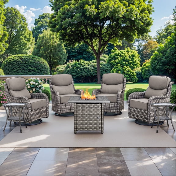 Gymojoy 6-Piece Outdoor Conversation Firepit Set with 360° Swivel Chairs, All-Weather Durability and 6in.Thick Cushions for Outdoor Deck, Porch, Backyard
