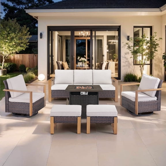 Gymojoy 6 Piece Outdoor Patio Furniture Set with Propane Fire Pit Table, Wicker Outdoor Conversation Set with 2 Swivel Rocker Chairs, 2 Ottomans and Rattan Sofa for Deck Backyard