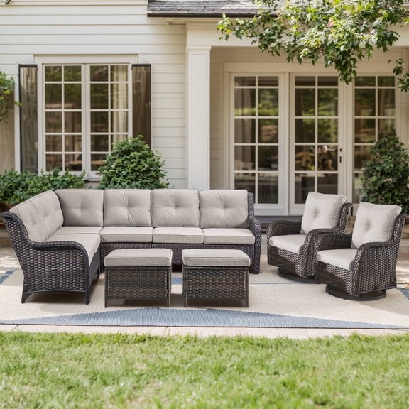 Gymojoy 6-Piece Outdoor Sectional Furniture Set,Wicker Patio Conversation Sets,L Shape All Weather Outside Couch Sofa Set with Swivel Chairs Ottoman,Brown
