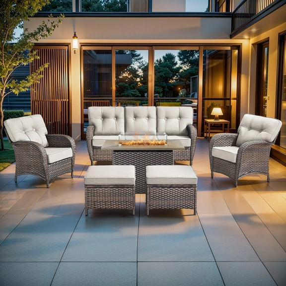 Gymojoy 6-Piece Patio Conversation Set, Outdoor Lounge Chairs with 5 Inch Cushions and 41 Inch Fire Pit Table,50,000 BTU, Outdoor Furniture Set for Garden, Deck, Backyard