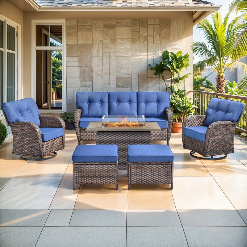 Gymojoy 6-Piece Patio Conversation Set, Outdoor Swivel Glider Lounge Chairs with 5 Inch Cushions and 41 Inch Fire Pit Table,50,000 BTU, Outdoor Furniture Set for Garden, Deck, Backyard