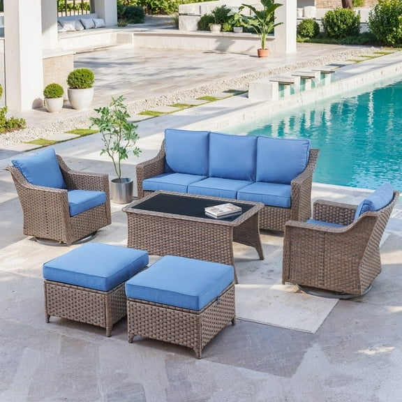 Gymojoy 6-Piece Patio Furniture Set, Oversized Outdoor Wicker Sofa with Swivel Chairs and Coffee Table, Sectional Rattan Outdoor Conversation Set for Poolside Backyard Deck, Blue